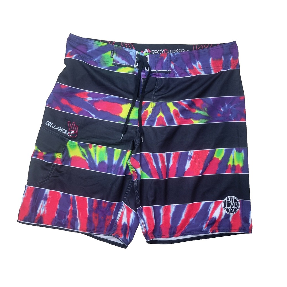Billabong Recycler Series Mens 38 Black Tye Dye Striped Swimsuit
